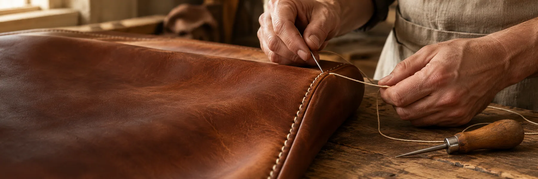 Illustratives Handwerksmotiv: Leder wird mit Nadel und Faden von Hand genäht